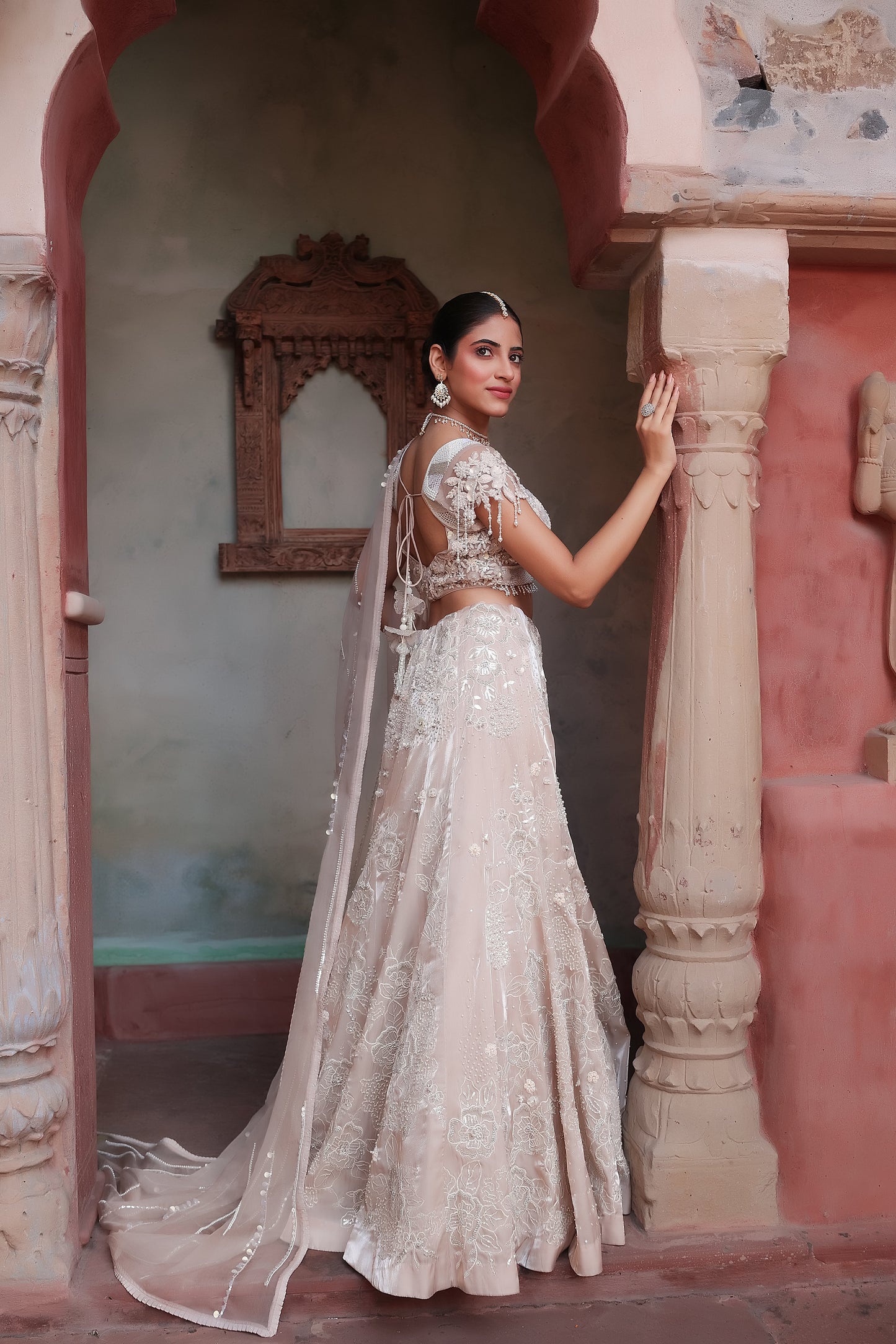 Ivory Bridal Lehenga Set with Embellished Blouse and Organza Dupatta