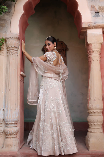 Ivory Bridal Lehenga Set with Embellished Blouse and Organza Dupatta