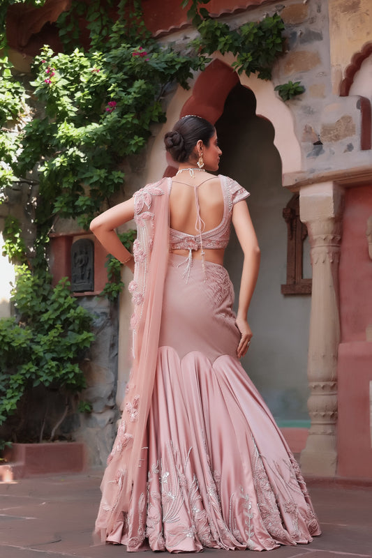 Elegant Rose Gold Mermaid Lehenga Set with Pleated Waist and Embroidered Blouse