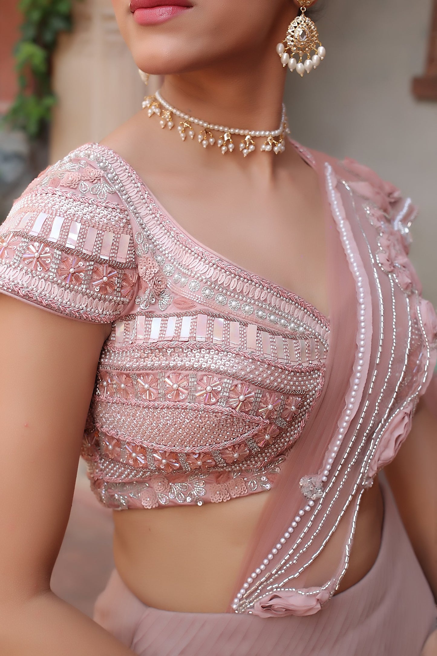 Elegant Rose Gold Mermaid Lehenga Set with Pleated Waist and Embroidered Blouse