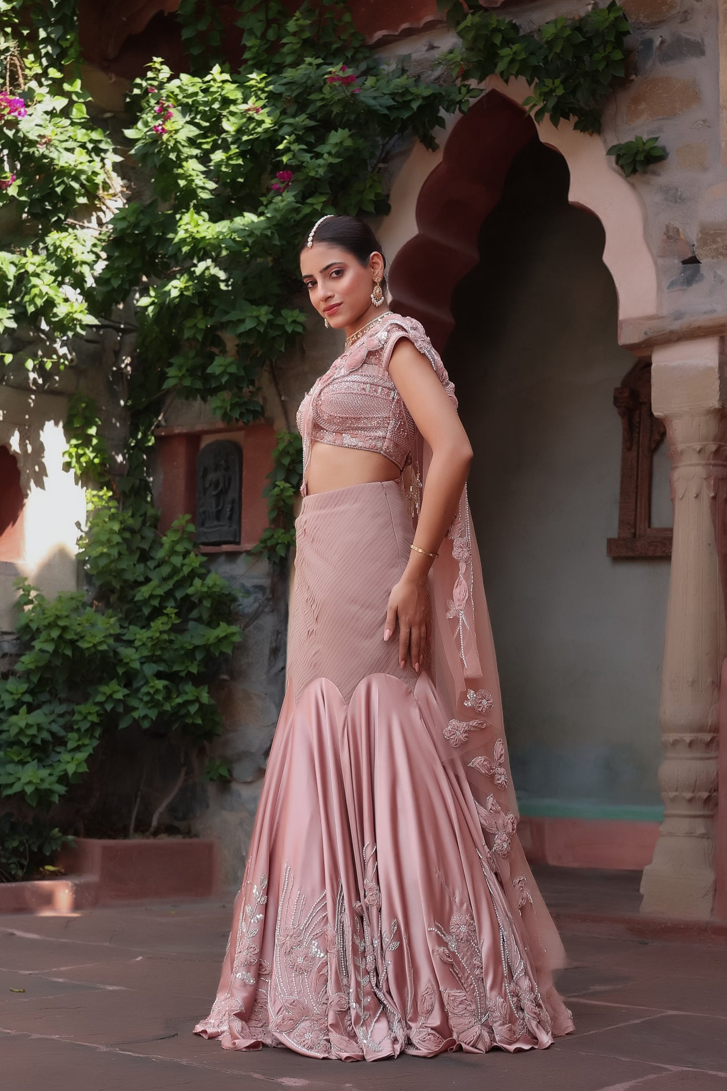 Elegant Rose Gold Mermaid Lehenga Set with Pleated Waist and Embroidered Blouse