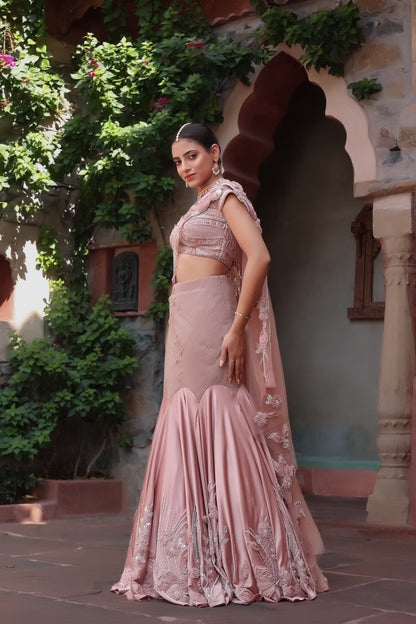 Elegant Rose Gold Mermaid Lehenga Set with Pleated Waist and Embroidered Blouse