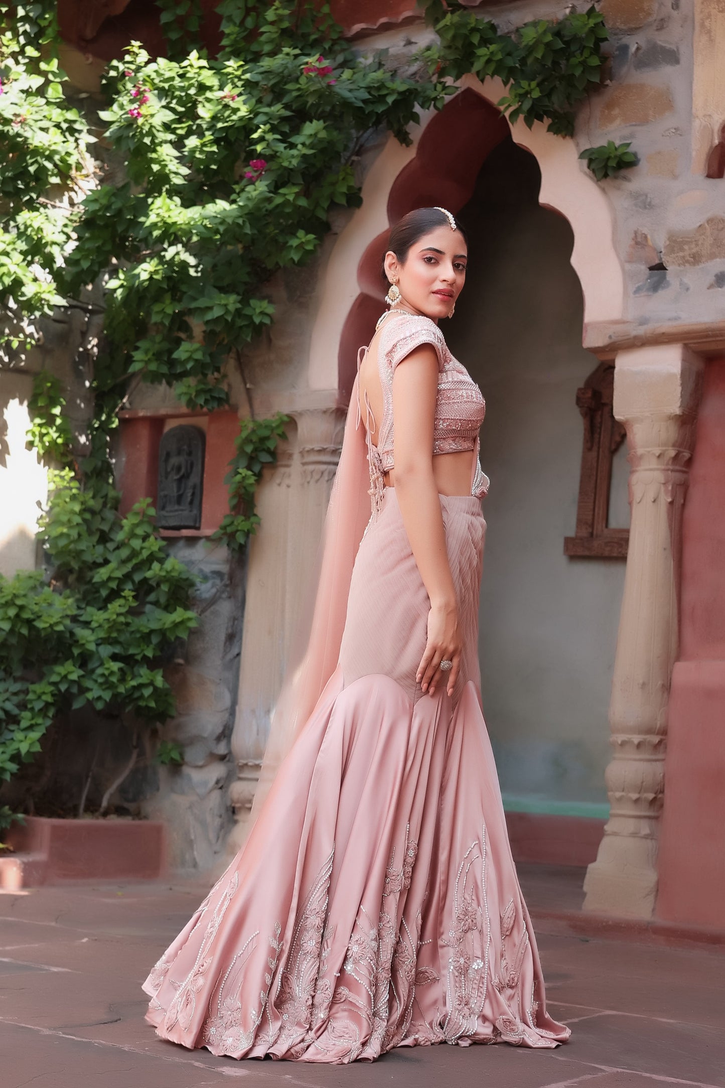 Elegant Rose Gold Mermaid Lehenga Set with Pleated Waist and Embroidered Blouse