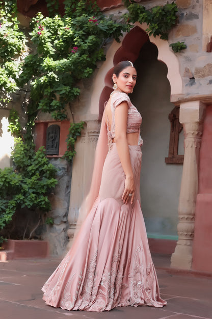 Elegant Rose Gold Mermaid Lehenga Set with Pleated Waist and Embroidered Blouse