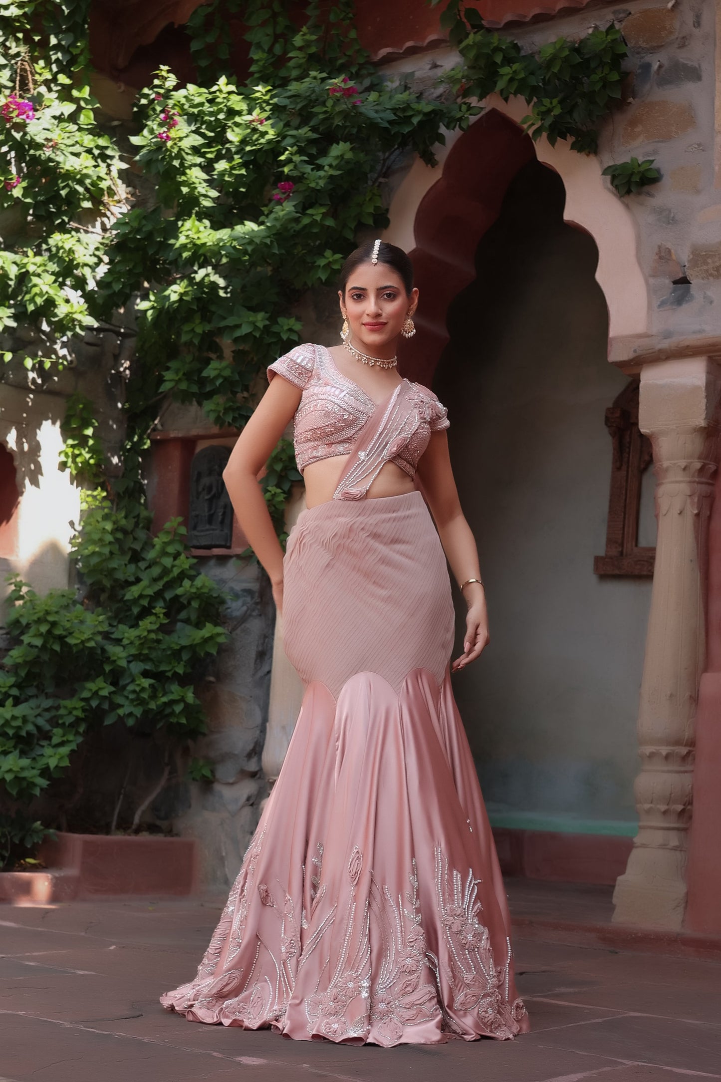Elegant Rose Gold Mermaid Lehenga Set with Pleated Waist and Embroidered Blouse