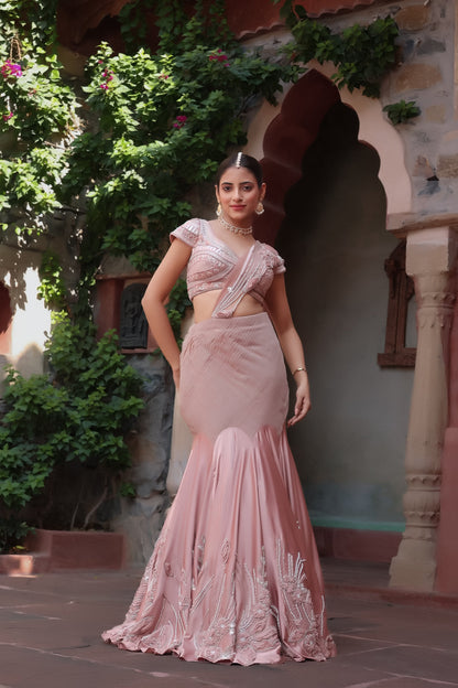 Elegant Rose Gold Mermaid Lehenga Set with Pleated Waist and Embroidered Blouse
