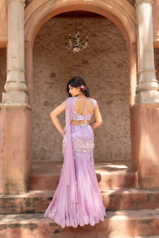 Mauve Lehenga Saree With Heavily Embellished Blouse And Organza Dupatta