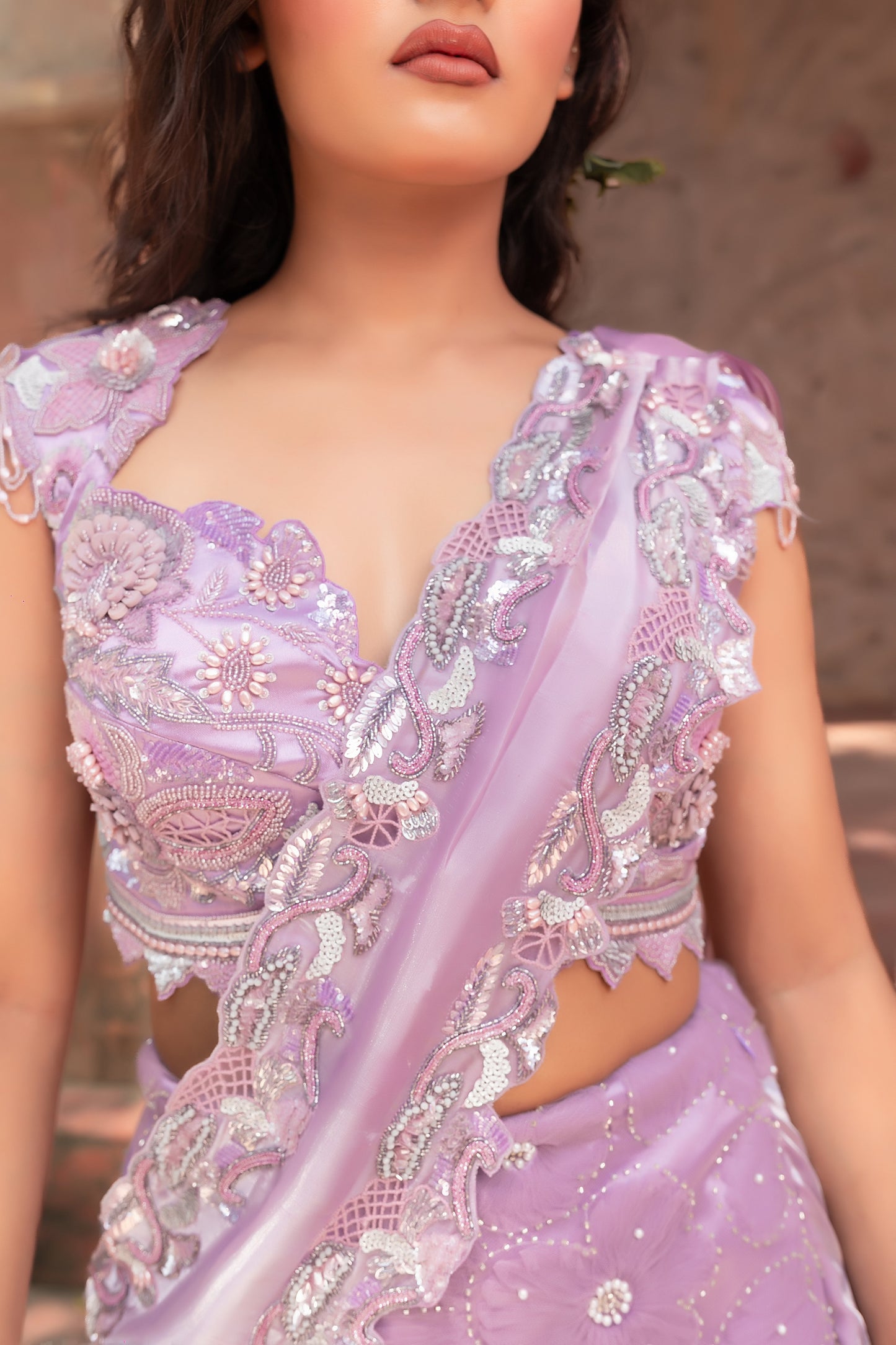 Mauve Lehenga Saree With Heavily Embellished Blouse And Organza Dupatta