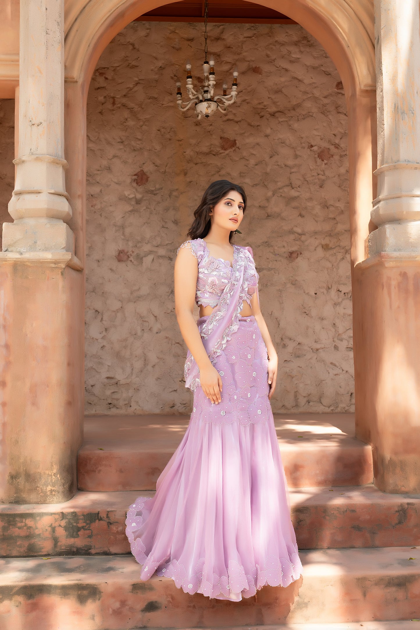 Mauve Lehenga Saree With Heavily Embellished Blouse And Organza Dupatta