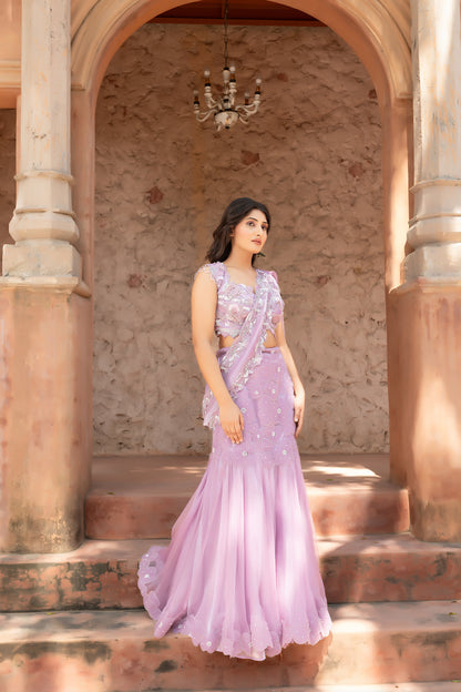 Mauve Lehenga Saree With Heavily Embellished Blouse And Organza Dupatta