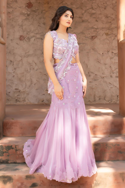 Mauve Lehenga Saree With Heavily Embellished Blouse And Organza Dupatta