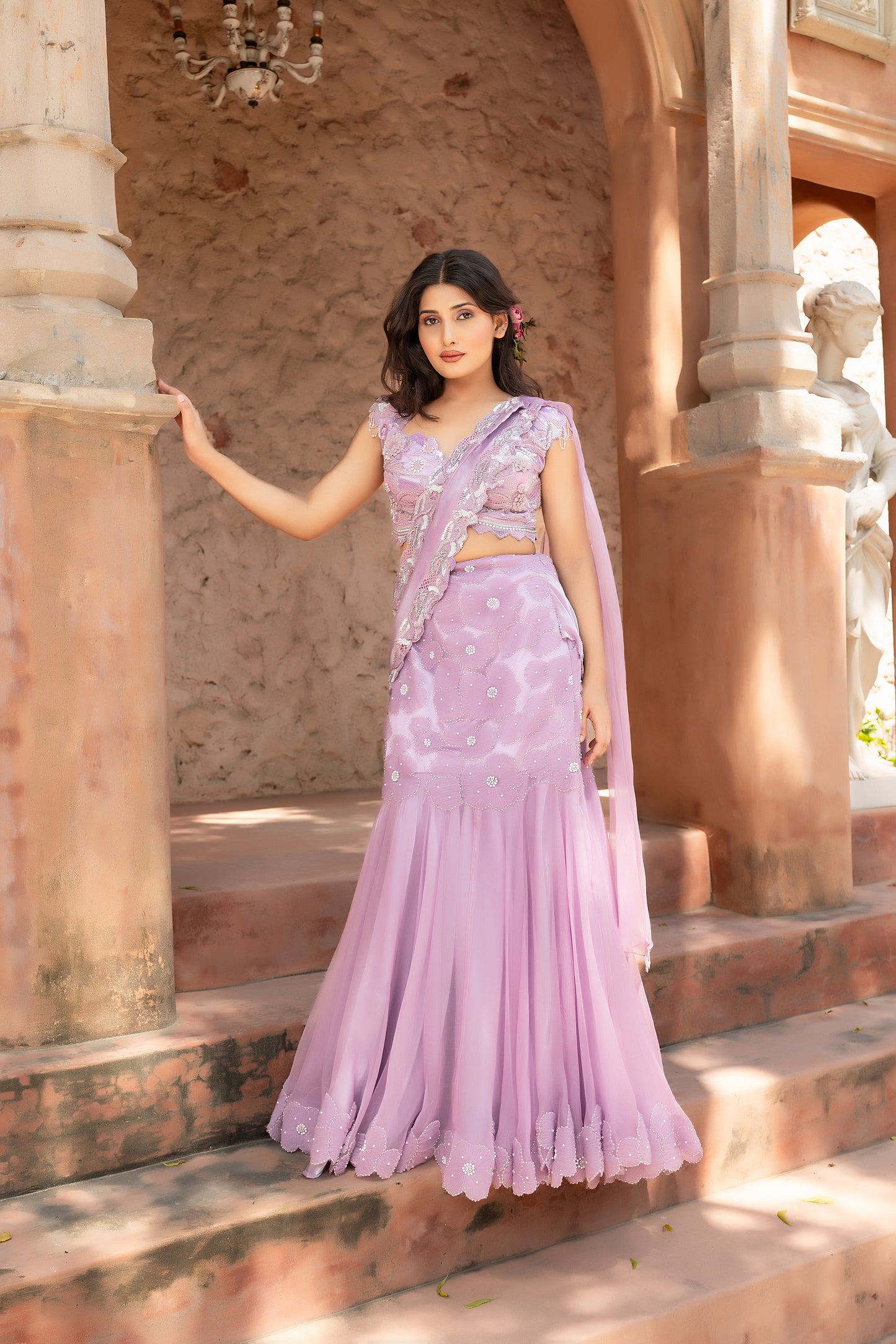 Mauve Lehenga Saree With Heavily Embellished Blouse And Organza Dupatta