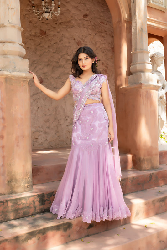 Mauve Lehenga Saree With Heavily Embellished Blouse And Organza Dupatta