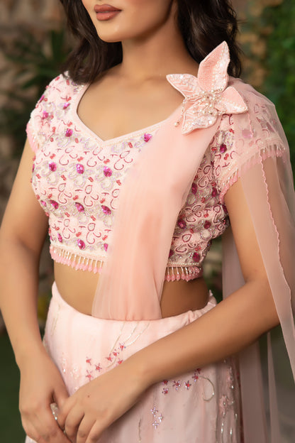 Luxury Baby Pink Chandelier Lehenga Set with Embellished Blouse and Back-Trail Dupatta