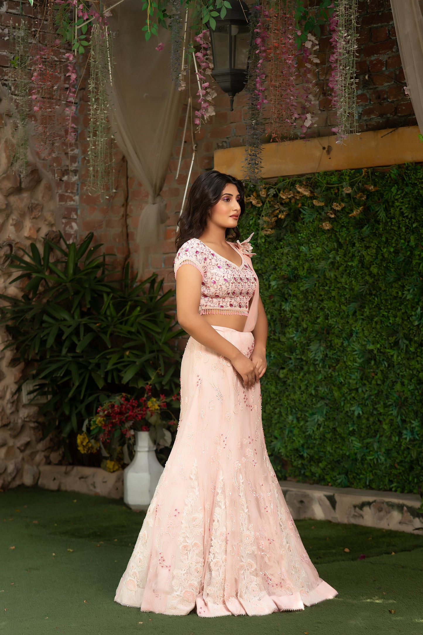 Luxury Baby Pink Chandelier Lehenga Set with Embellished Blouse and Back-Trail Dupatta