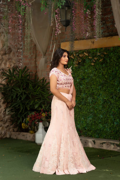 Luxury Baby Pink Chandelier Lehenga Set with Embellished Blouse and Back-Trail Dupatta