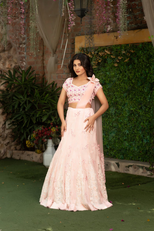 Luxury Baby Pink Chandelier Lehenga Set with Embellished Blouse and Back-Trail Dupatta