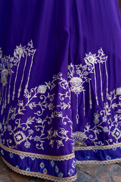 Purple Hand Embroidered Lehenga with Bandhej Embellished Blouse & Organza Dupatta