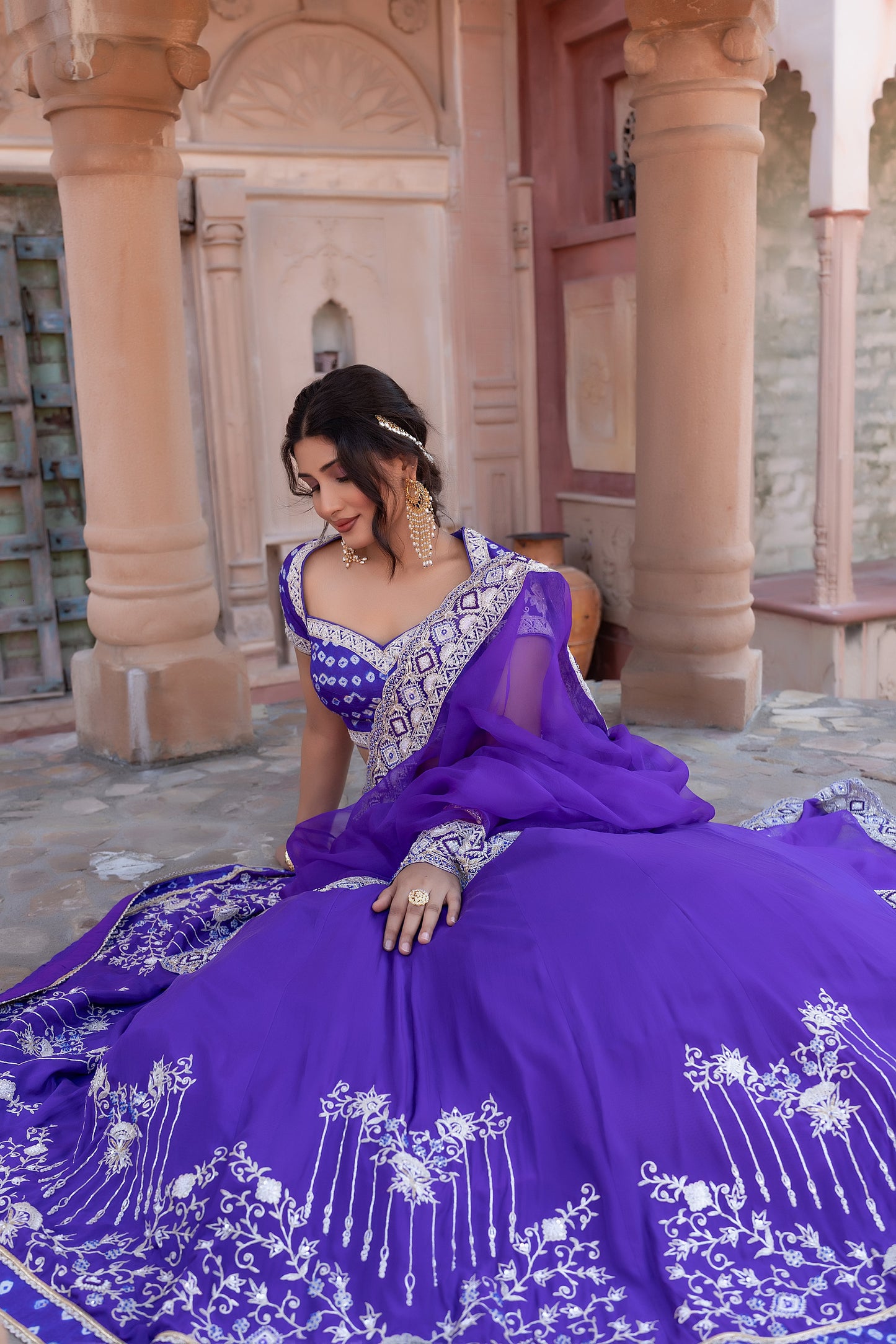 Purple Hand Embroidered Lehenga with Bandhej Embellished Blouse & Organza Dupatta