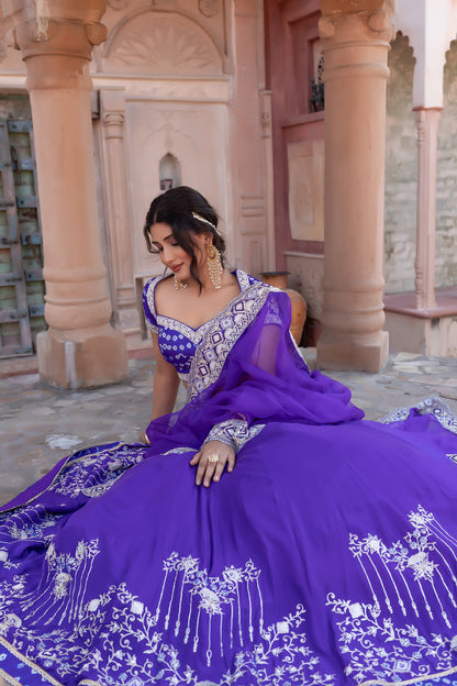 Purple Hand Embroidered Lehenga with Bandhej Embellished Blouse & Organza Dupatta