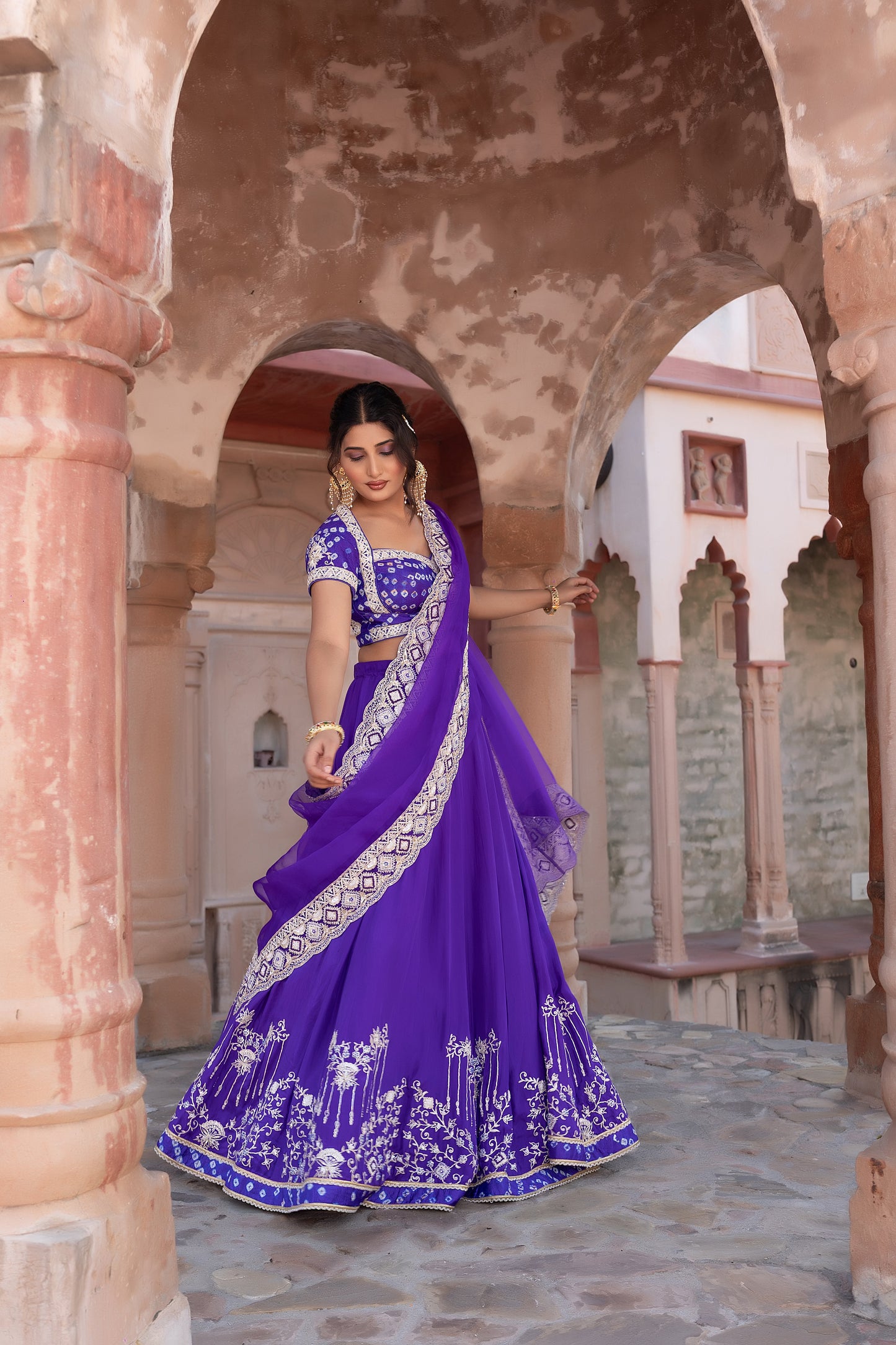 Purple Hand Embroidered Lehenga with Bandhej Embellished Blouse & Organza Dupatta