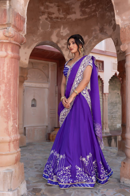 Purple Hand Embroidered Lehenga with Bandhej Embellished Blouse & Organza Dupatta