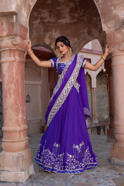 Purple Hand Embroidered Lehenga with Bandhej Embellished Blouse & Organza Dupatta
