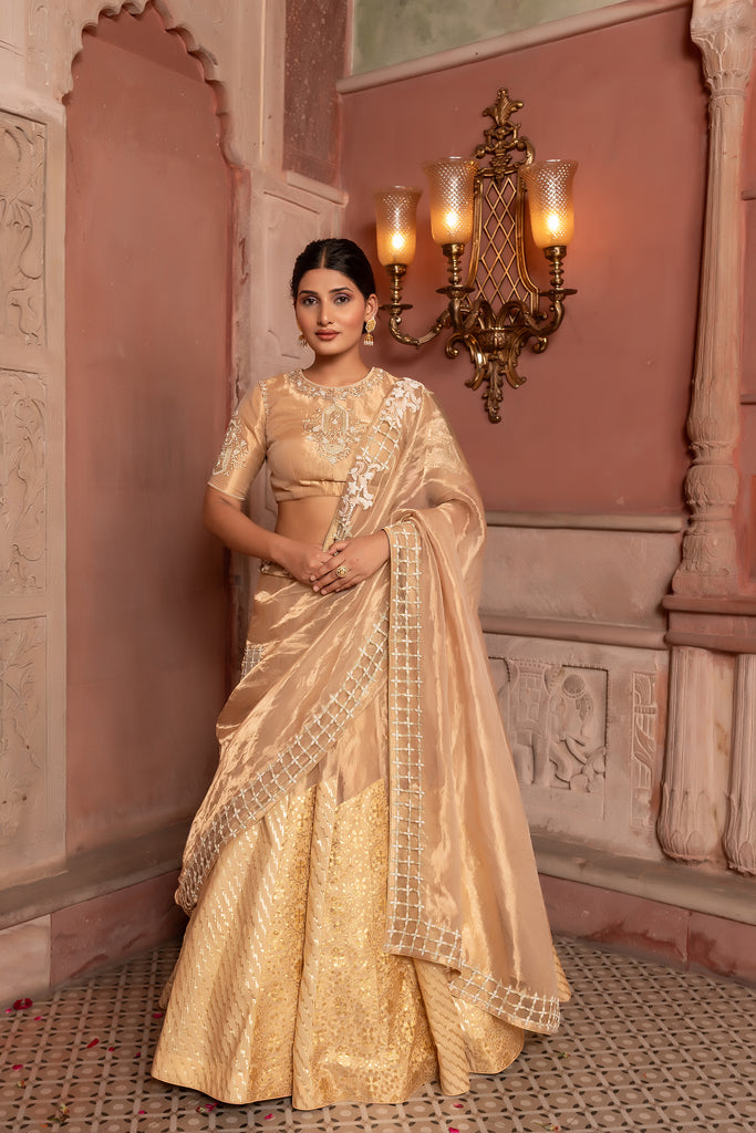 Golden lehenga with peacock zari patch and heavy blouse or dupatta.