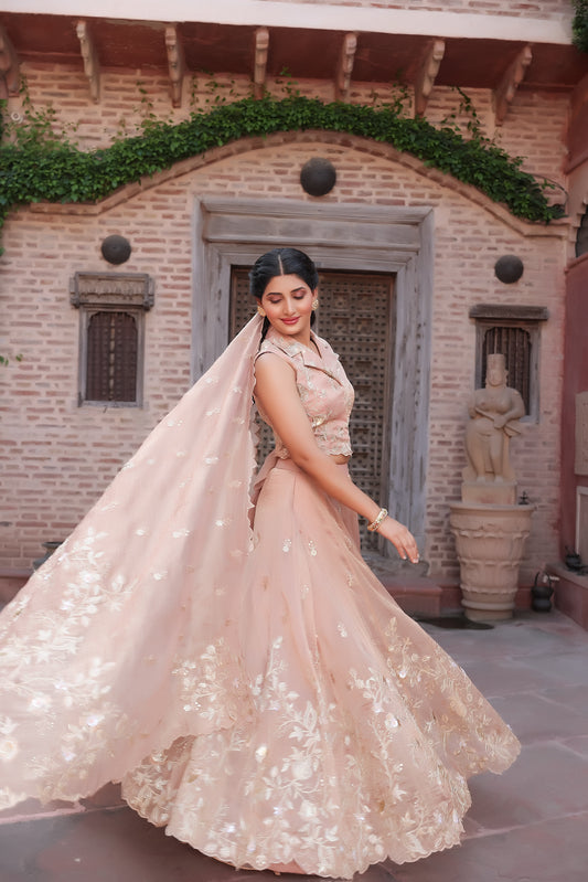 Onion Pink Lehenga Choli with Embellished Blouse and Matching Dupatta