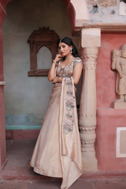 Bridal Golden Tissue Lehenga Featuring Ornate Blouse and Cutwork Dupatta