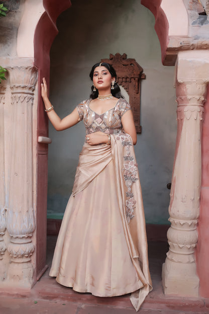 Bridal Golden Tissue Lehenga Featuring Ornate Blouse and Cutwork Dupatta