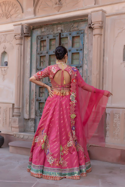 Carrot Pink Designer Lehenga Choli with Zari Sequin Floral Work