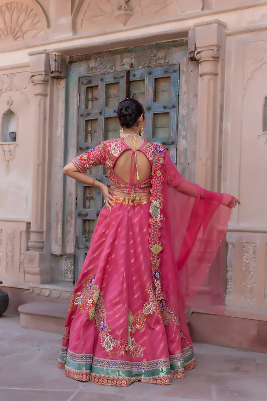 Carrot Pink Designer Lehenga Choli with Zari Sequin Floral Work