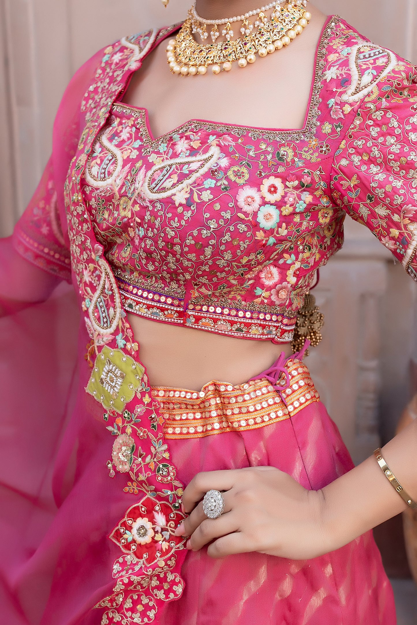 Carrot Pink Designer Lehenga Choli with Zari Sequin Floral Work