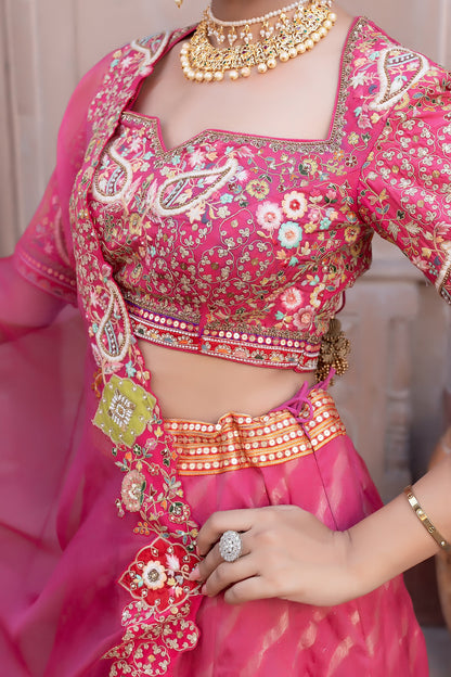 Carrot Pink Designer Lehenga Choli with Zari Sequin Floral Work