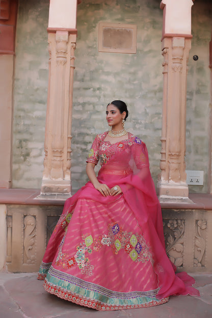 Carrot Pink Designer Lehenga Choli with Zari Sequin Floral Work