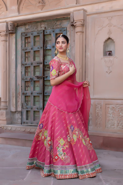 Carrot Pink Designer Lehenga Choli with Zari Sequin Floral Work
