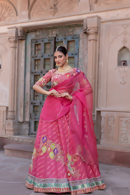 Carrot Pink Designer Lehenga Choli with Zari Sequin Floral Work