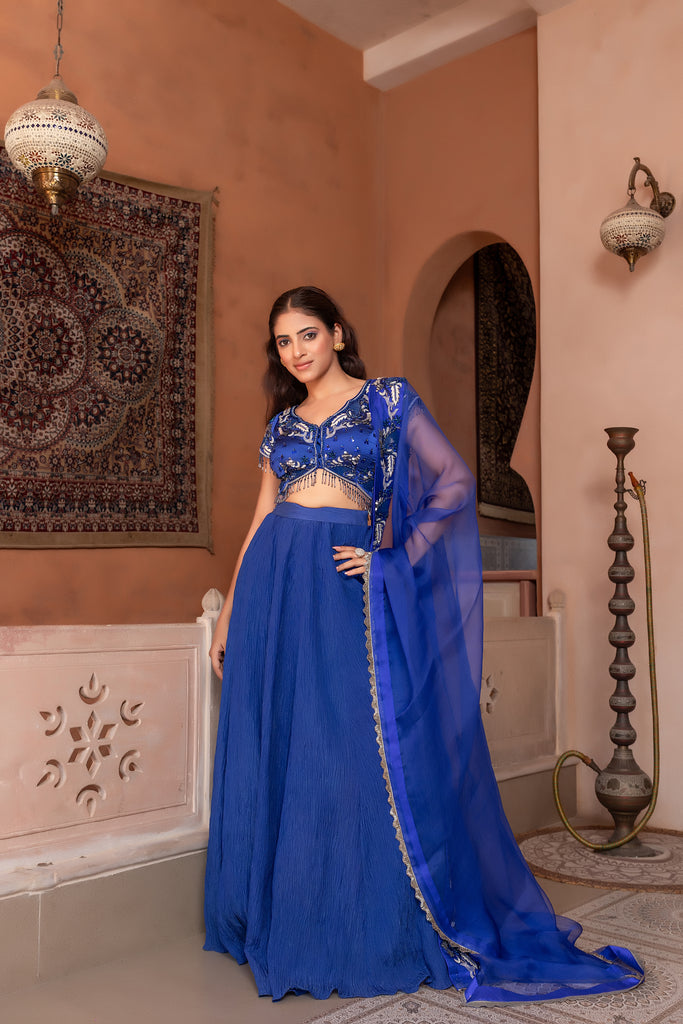 Royal Blue Lehenga, Heavy Embroidered Blouse with Organza Duppata
