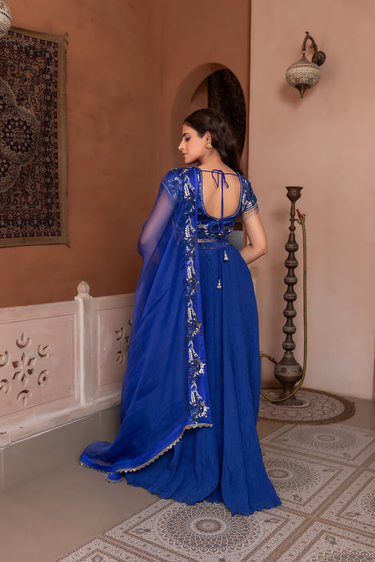 Royal Blue Festive Wear Crush Tissue Lehenga with Lace Detailing