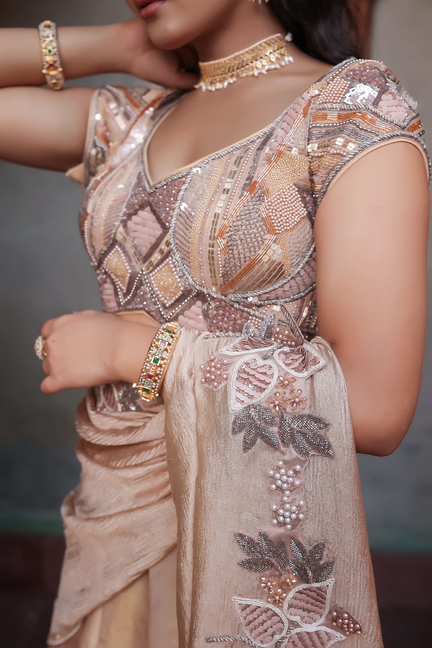 Golden lehenga and heavy handwork blouse & dupatta with cutwork design