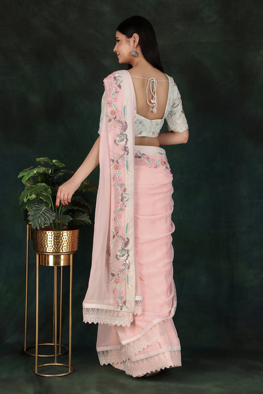 Festive Pink Saree With Detailed Pallu And Full Zaal Handwork Aqua Contrast Blouse