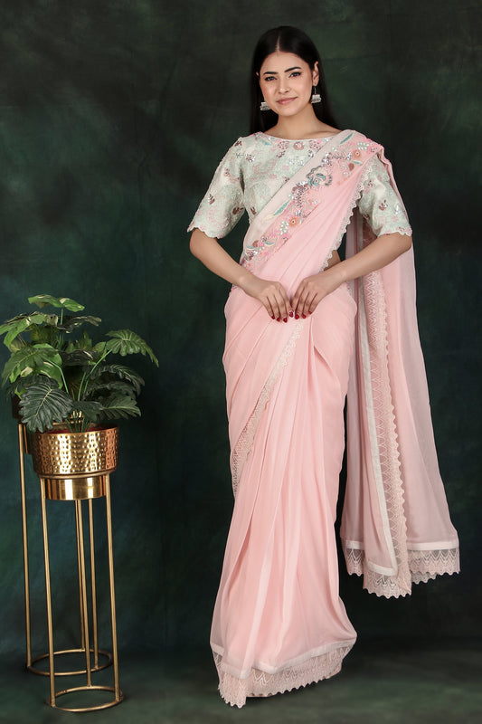 Festive Pink Saree With Detailed Pallu And Full Zaal Handwork Aqua Contrast Blouse