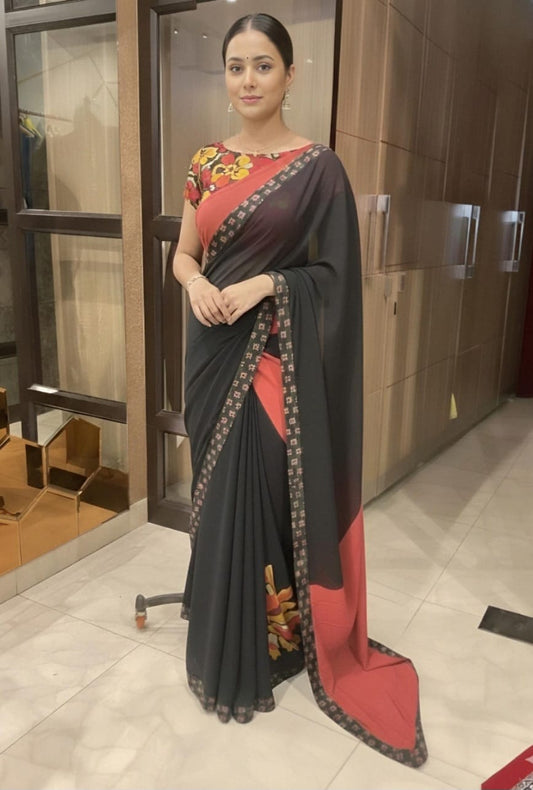 Elegant Rust Black Party Wear Printed Saree