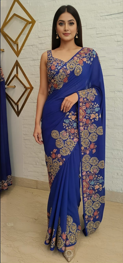 Royal Blue Georgette Saree With Thread Sequins Pearl And Dori Work