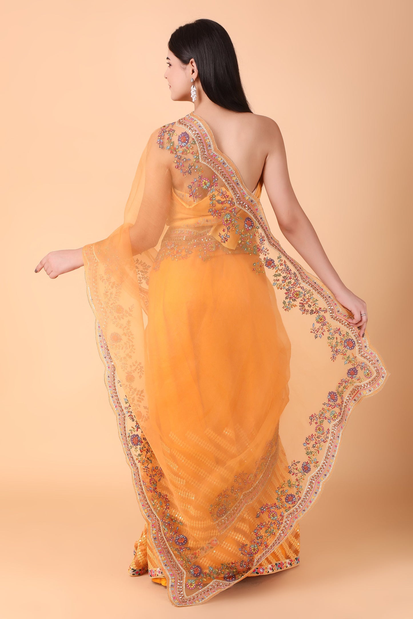 Luxury Orange Saree with Detailed Border Work and Blouse