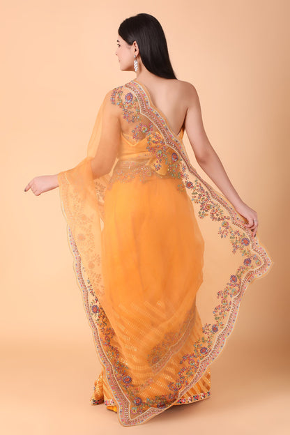 Luxury Orange Saree with Detailed Border Work and Blouse
