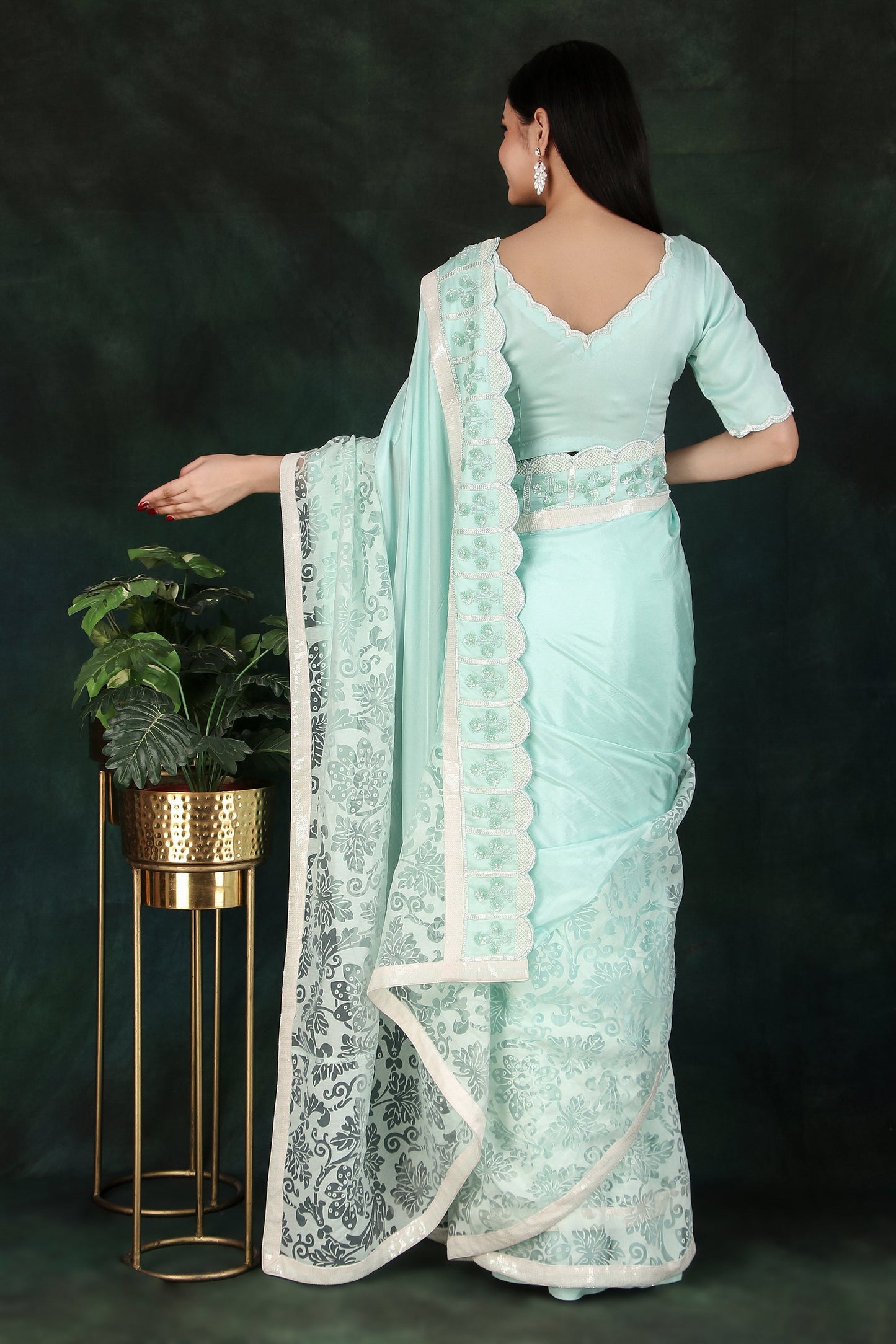 Embroidered Aqua Saree Set with Organza Skirt & Sequin-Cutdana Blouse