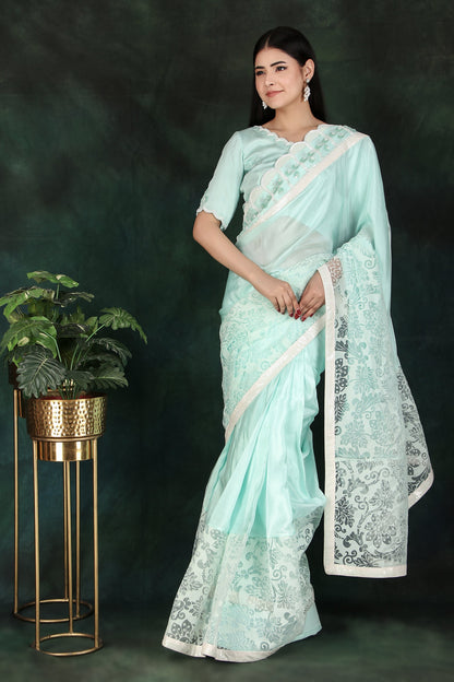 Embroidered Aqua Saree Set with Organza Skirt & Sequin-Cutdana Blouse