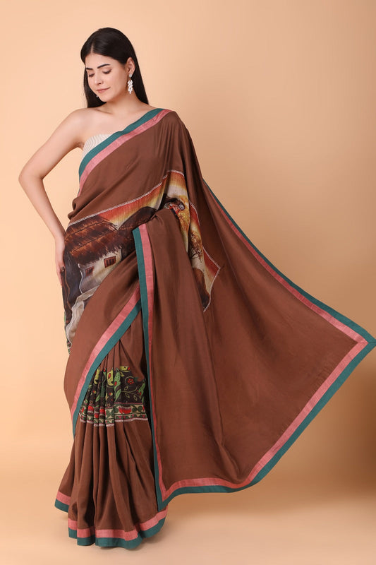 Classic Brown Ethnic Print Saree for Women